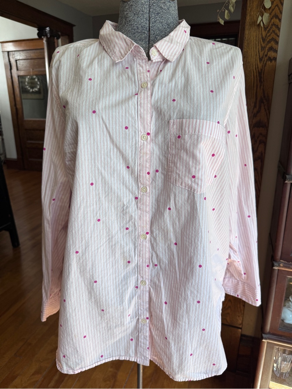 Old Navy “The Tunic Shirt” Lightweight Cotton Button Pink Stripe Dot Shirt XXL
